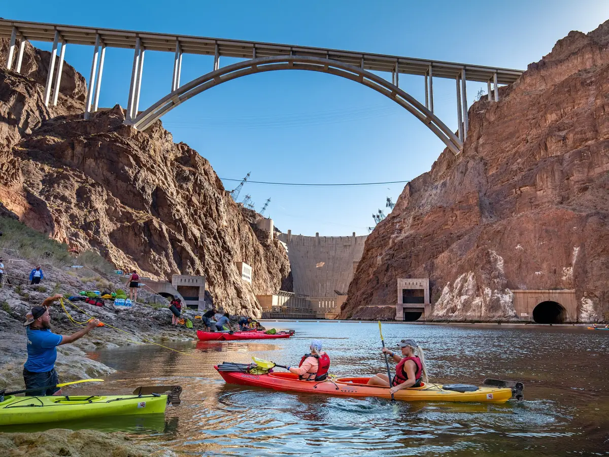 Kayaks on the Colorado River below Hoover Dam and the bridge