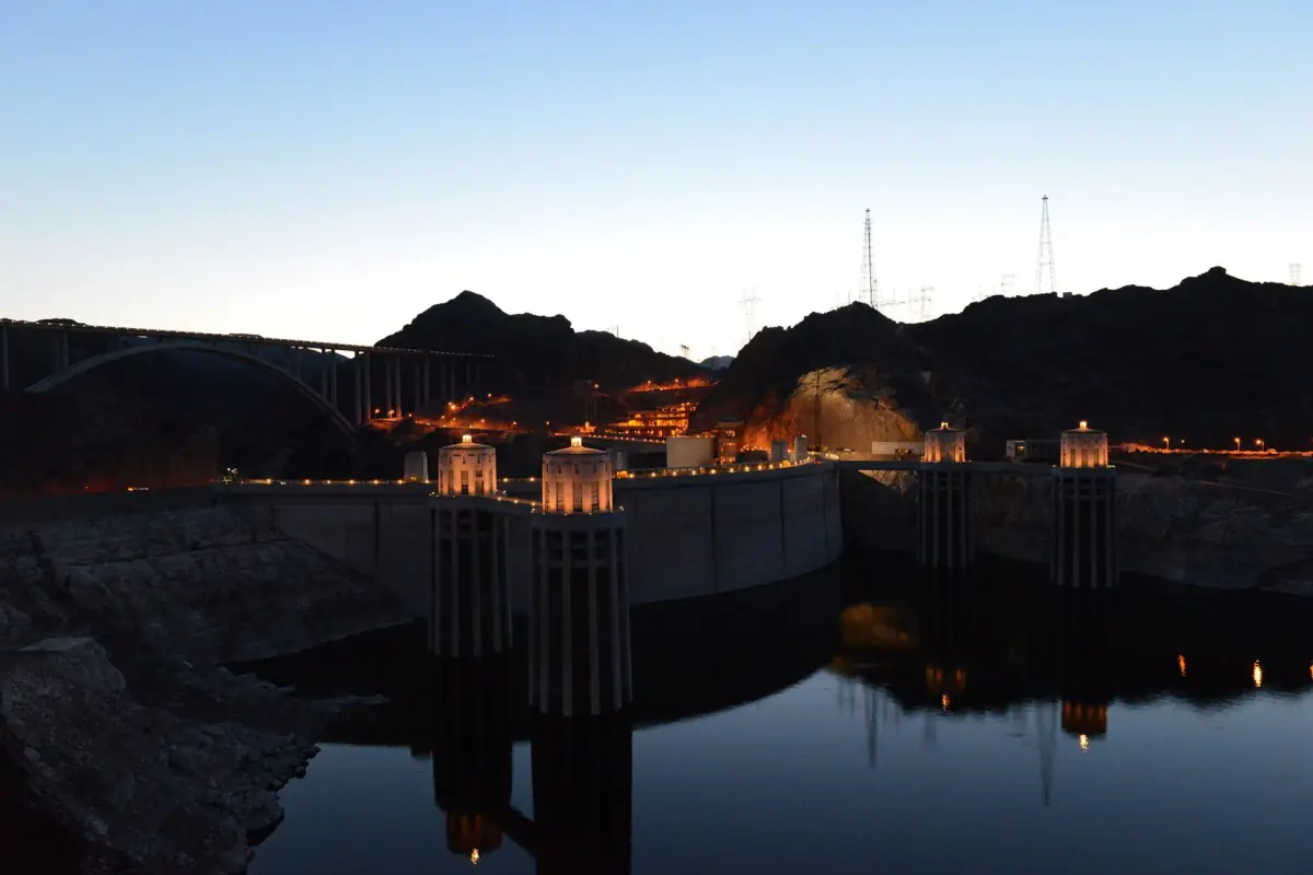 Hoover Dam and the intake towers at dusk