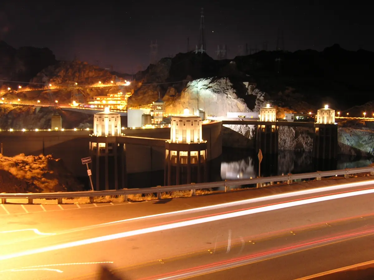 Hoover Dam lit up at night