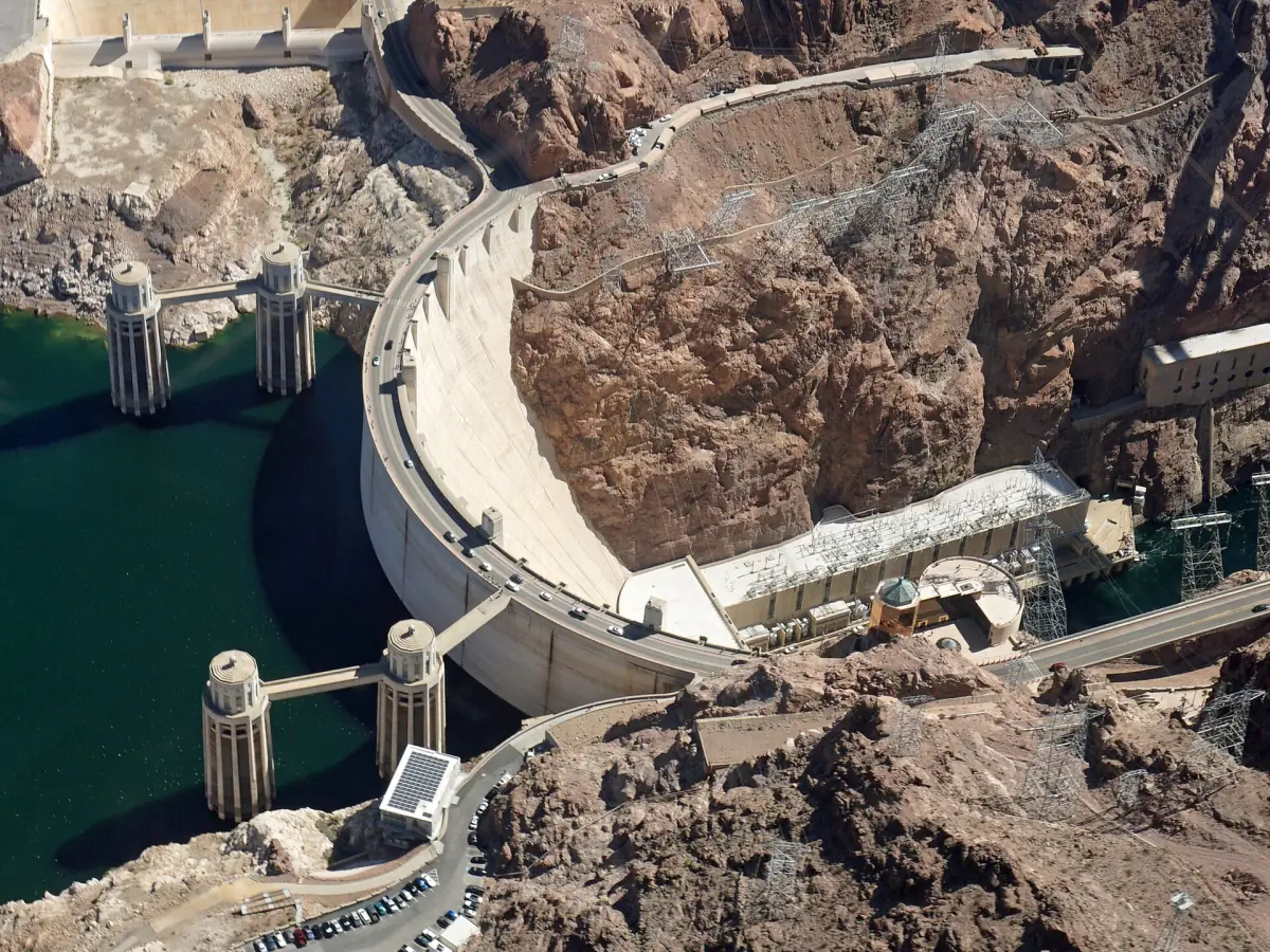 The curved crest of Hoover Dam from the air
