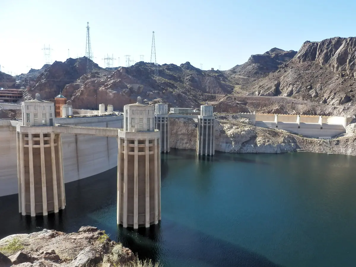 Four intake towers in the reservoir behind Hoover Dam
