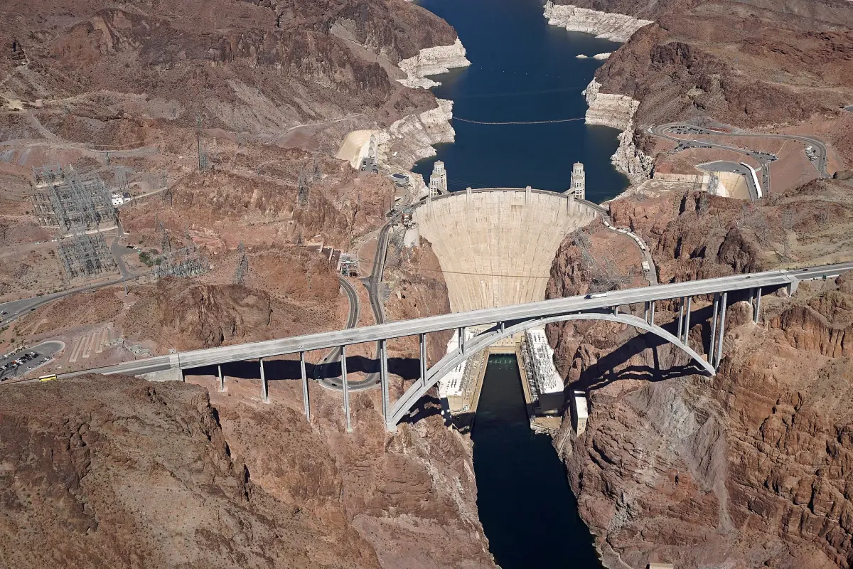 The Memorial Bridge spanning Black Canyon below Hoover Dam